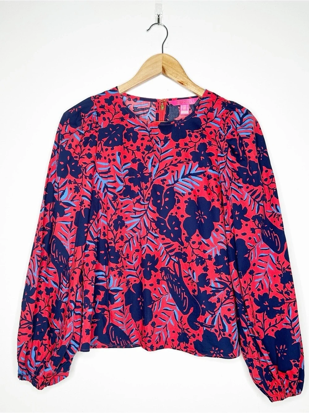 Lilly Pulitzer Lynnley Long Sleeve Blouse Red Blue Heron My Own Print XS